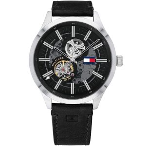 1791641 tommy hilfiger watch men black dial leather strap automatic analog three hand spencer