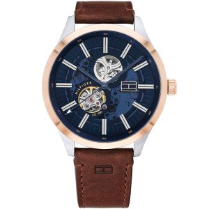 1791642 tommy hilfiger watch men blue dial leather brown strap automatic analog three hand spencer