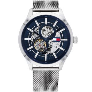 1791643 tommy hilfiger watch men blue dial stainless steel metal silver strap automatic analog three hand mesh spencer