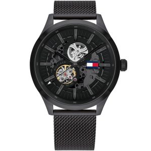 1791644 tommy hilfiger watch men black dial stainless steel metal strap automatic analog three hand mesh spencer