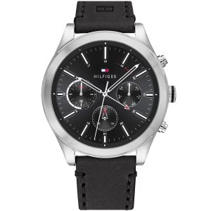 1791740 tommy hilfiger watch men black dial leather strap quartz battery analog monthly weekly date ashton