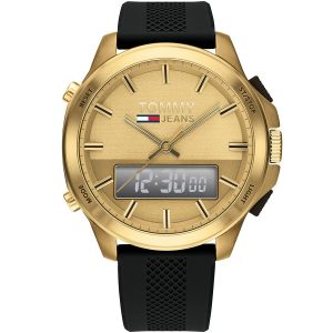 1791762 tommy hilfiger watch men gold dial rubber black strap quartz battery digital analog chronograph jeans