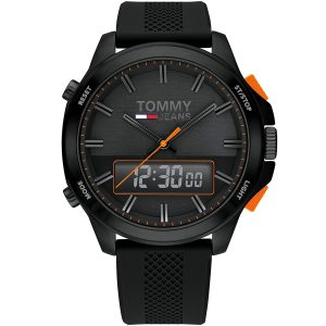 1791763 tommy hilfiger watch men black dial rubber strap quartz battery digital analog chronograph jeans