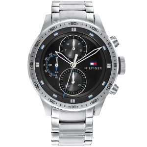 1791805 tommy hilfiger watch men black dial stainless steel metal silver strap quartz battery analog monthly weekly date trent
