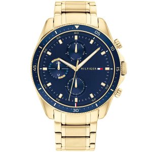 1791834 tommy hilfiger watch men blue dial stainless steel metal gold strap quartz battery analog monthly weekly date parker