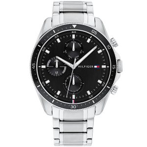1791835 tommy hilfiger watch men black dial stainless steel metal silver strap quartz battery analog monthly weekly date parker