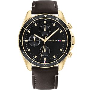 1791836 tommy hilfiger watch men black dial leather strap quartz battery analog monthly weekly date parker