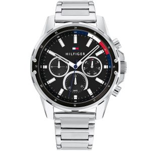 1791936 tommy hilfiger watch men black dial stainless steel metal silver strap quartz battery analog monthly weekly date mason