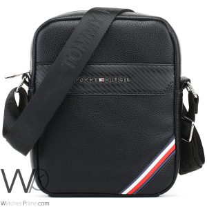Black leather tommy hilfiger crossbody messenger bag for men