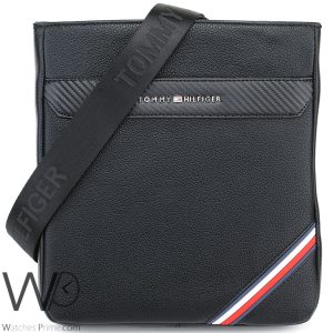 Black leather tommy hilfiger crossbody messenger mens slim bag