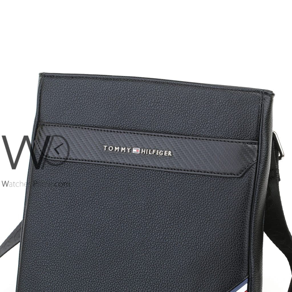 Black Leather Tommy Hilfiger Men Slim Bag | Watches Prime