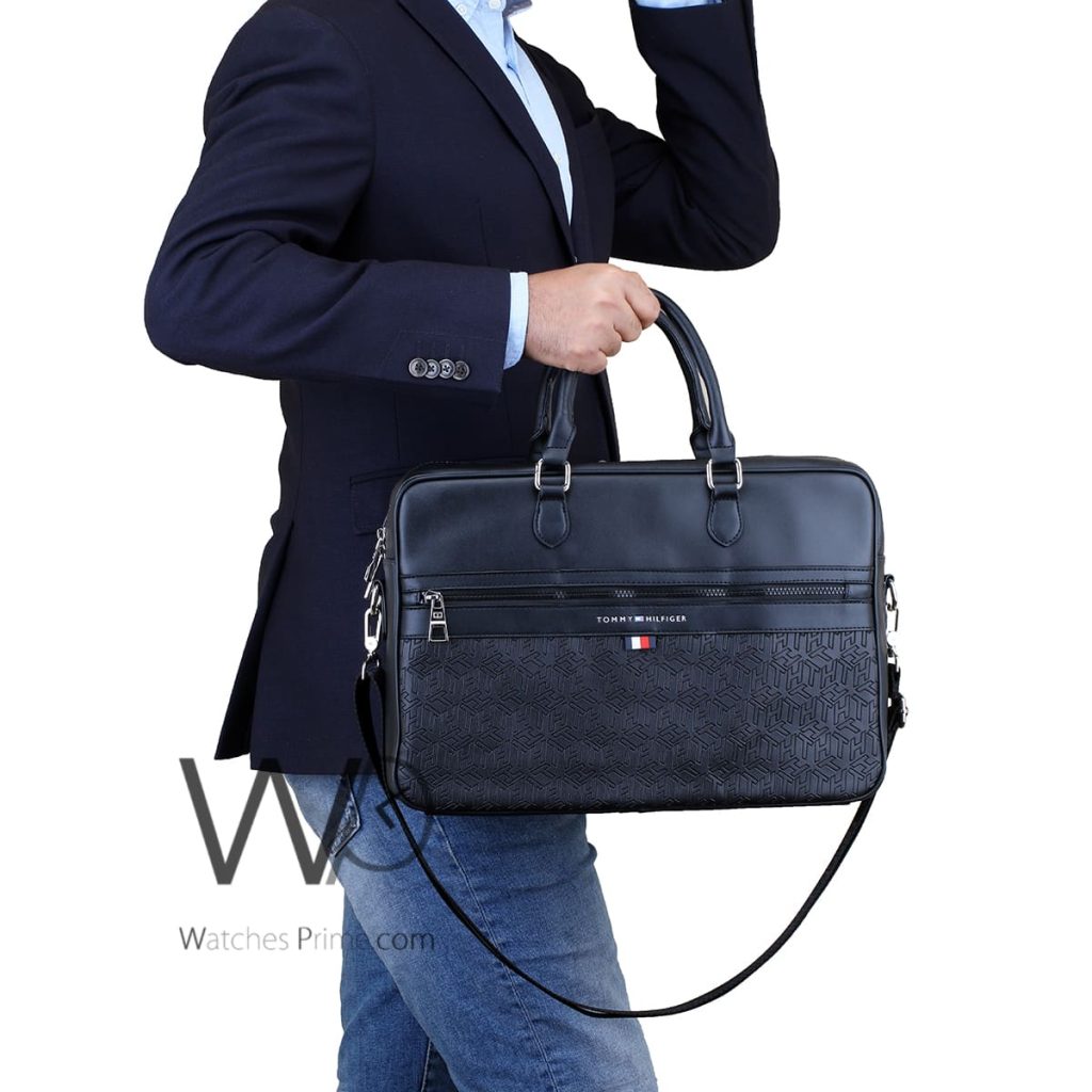 Black Tommy Hilfiger Laptop Bag Leather Men | Watches Prime
