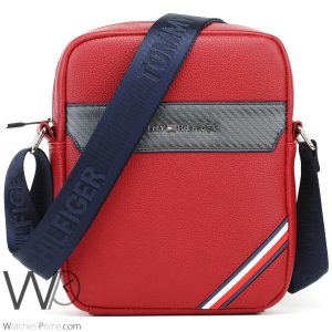 Red leather tommy hilfiger crossbody messenger bag for men