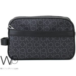 Calvin klein black leather handbag wash bag men patterned ck