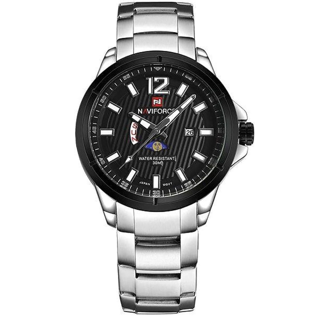 Buy Original Naviforce NF9084-S-B Analog Water Resistant 30M Wrist Watch For Men - ✓ With Black Dial - ✓ Metal Silver Strap - ✓ Quartz (Battery) Movement