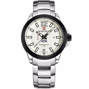 Buy Original Naviforce NF9084-S-B Analog Water Resistant 30M Wrist Watch For Men - ✓ With Black Dial - ✓ Metal Silver Strap - ✓ Quartz (Battery) Movement