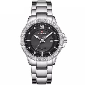 Nf9187 s b naviforce watch crystals men black dial metal silver strap quartz battery analog water resistant 30m for dream
