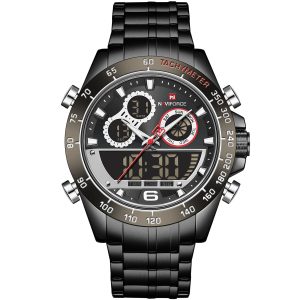 Nf9188 b b b naviforce watch men black dial metal strap quartz battery digital analog chronograph for dream