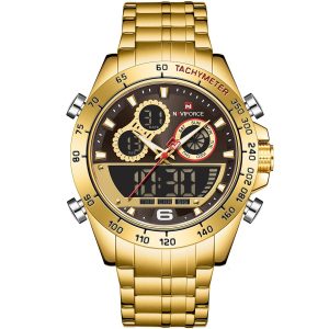 Nf9188 g g g naviforce watch men gold dial metal golden strap quartz battery digital analog chronograph for dream