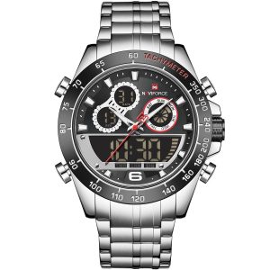 Nf9188 s b s naviforce watch men black dial metal silver strap quartz battery digital analog chronograph for dream