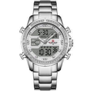 Nf9190 s w naviforce watch crystals men white dial metal silver strap quartz battery digital analog chronograph water resistant 30m for dream