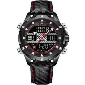 Nf9194 b r b naviforce watch men red black dial leather strap quartz battery digital analog chronograph for dream