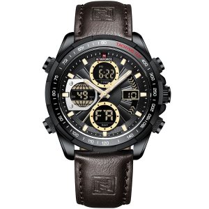 Nf9197l b y d bn naviforce watch men black dial leather dark brown strap quartz battery digital analog chronograph for dream