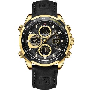 Nf9197l g b b naviforce watch men black dial leather strap quartz battery digital analog stop watch dual time for dream