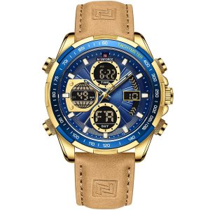 Nf9197l g be y bn naviforce watch men blue dial leather brown strap quartz battery digital analog stop watch dual time for dream