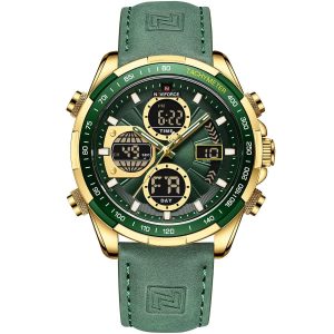 Nf9197l g gn gn naviforce watch men green dial leather strap quartz battery digital analog stop watch dual time for dream