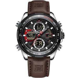 Nf9197l s b d bn naviforce watch men black dial leather dark brown strap quartz battery digital analog stop watch dual time for dream