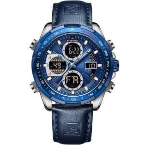 Nf9197l s be be naviforce watch men blue dial leather strap quartz battery digital analog stop watch dual time for dream