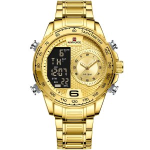 Nf9199s g g naviforce watch men gold dial metal golden strap quartz battery digital analog wr 3atm for dream