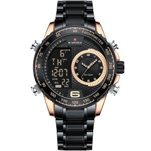 Nf9199s rg b naviforce watch men black dial metal strap quartz battery digital analog wr 3atm for dream