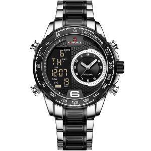 Nf9199s s b naviforce watch men black dial metal silver black strap quartz battery digital analog wr 3atm for dream