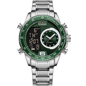 Nf9199s s gn naviforce watch men green dial metal silver strap quartz battery digital analog wr 3atm for dream