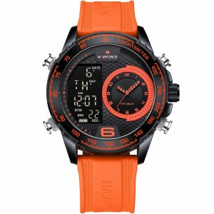 Nf9199t b o o naviforce watch men black orange dial rubber strap quartz battery digital analog chronograph for dream
