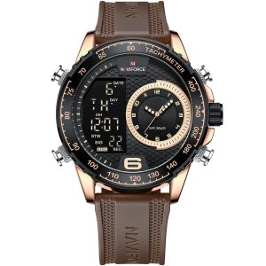 Nf9199t rg b ce naviforce watch men black dial rubber coffee strap quartz battery digital analog chronograph for dream