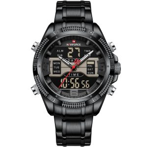 Nf9201 b b naviforce watch men black dial metal strap quartz battery digital analog chronograph for dream