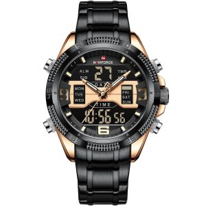Nf9201 rg b naviforce watch men black dial metal strap quartz battery digital analog chronograph for dream