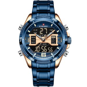 Nf9201 rg be naviforce watch men blue dial metal strap quartz battery digital analog chronograph for dream
