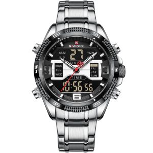 Nf9201 s b naviforce watch men black dial metal silver strap quartz battery digital analog chronograph for dream