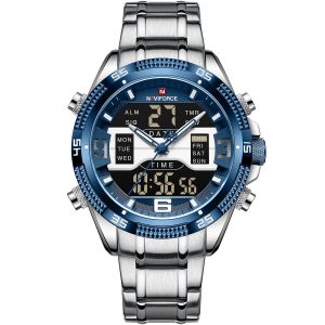 Nf9201 s be naviforce watch men blue dial metal silver strap quartz battery digital analog chronograph for dream