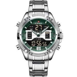 Nf9201 s gn naviforce watch men green dial metal silver strap quartz battery digital analog chronograph for dream