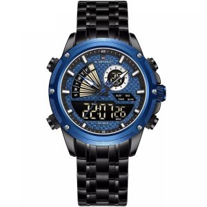 Nf9205 b be naviforce watch men blue dial metal black strap quartz battery digital analog chronograph for dream