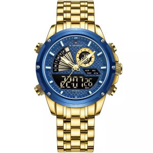 Nf9205 g be naviforce watch men blue dial metal gold strap quartz battery digital analog chronograph for dream