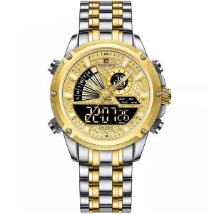 Nf9205 s g naviforce watch men gold dial metal silver golden strap quartz battery digital analog chronograph for dream