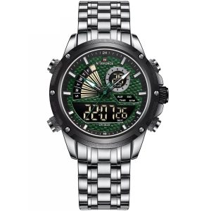 Nf9205 s gn naviforce watch men green dial metal silver strap quartz battery digital analog chronograph for dream