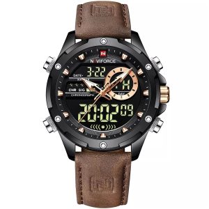 Nf9208 b b d bn naviforce watch men black dial leather dark brown strap quartz battery digital analog chronograph for dream