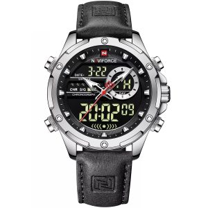 Nf9208 s b b naviforce watch men black dial leather strap quartz battery digital analog chronograph for dream